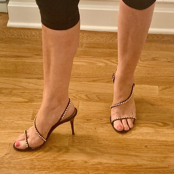 JULIEN MACDONALD black satin strappy sandal heels with rhinestones VTG - Picture 5 of 13